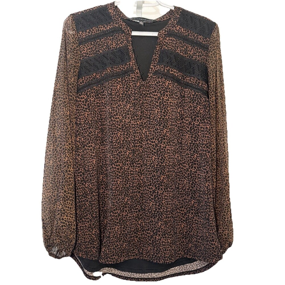White House Black Market Leopard Print Lace Panel Blouse Women M Sheer